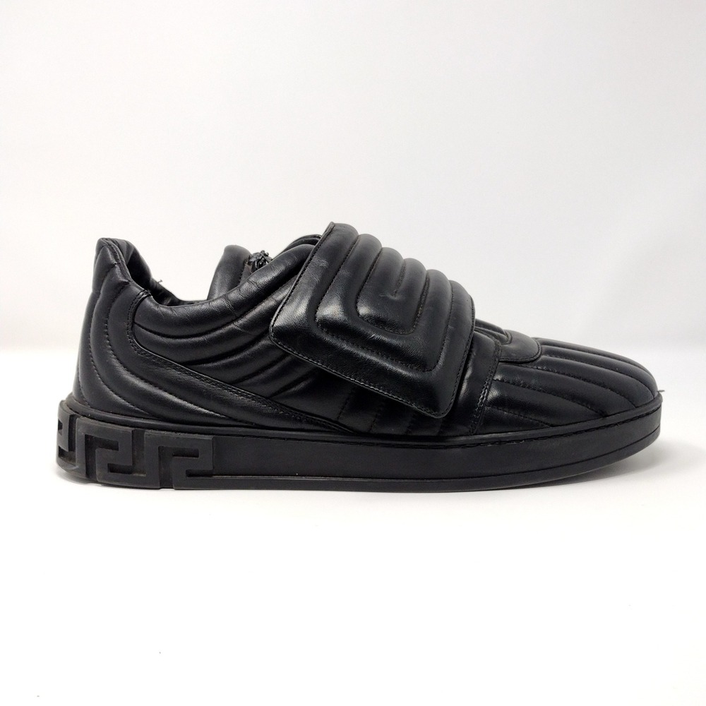 Versace Mens Greek Key Padded Leather Strap Sneakers Black Medusa Low Top Shoes‎